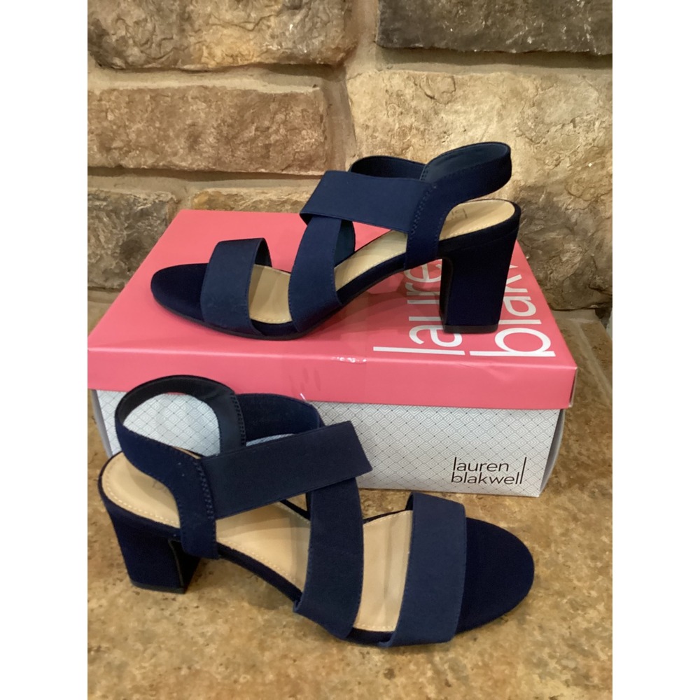 Lauren Blakwell Ada Navy Blue Elastic Strap Block Heel Sandals Slingback Shoe